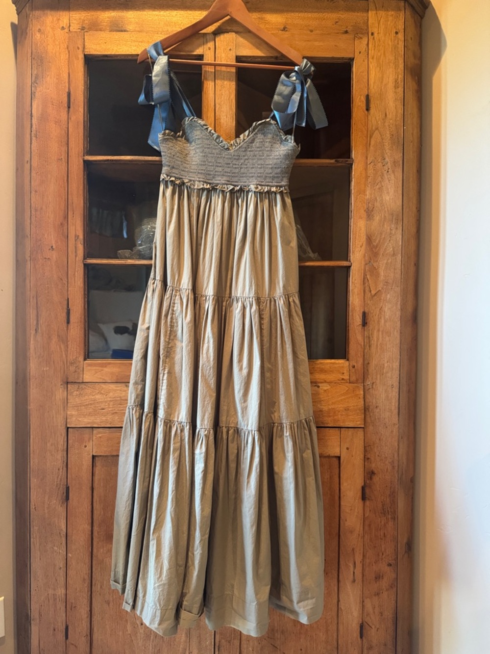 Free People Tiered Maxi Dress with Blue Tie Straps - Sage S - Picture 2 of 6